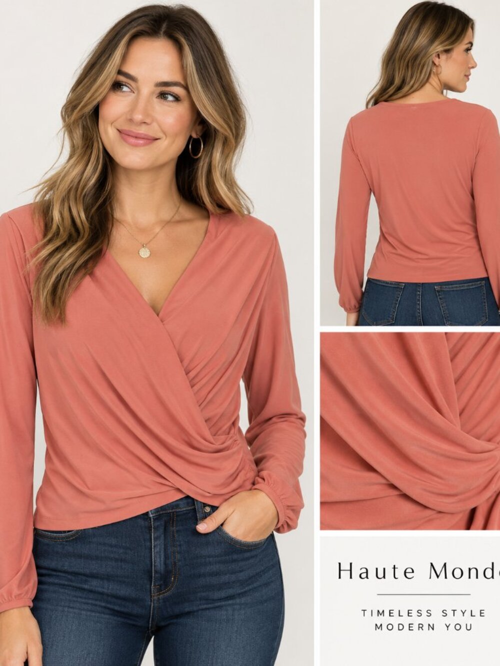 NWT Haute Monde Women’s Large Peach Terracotta Twist Front Long Sleeve Top L